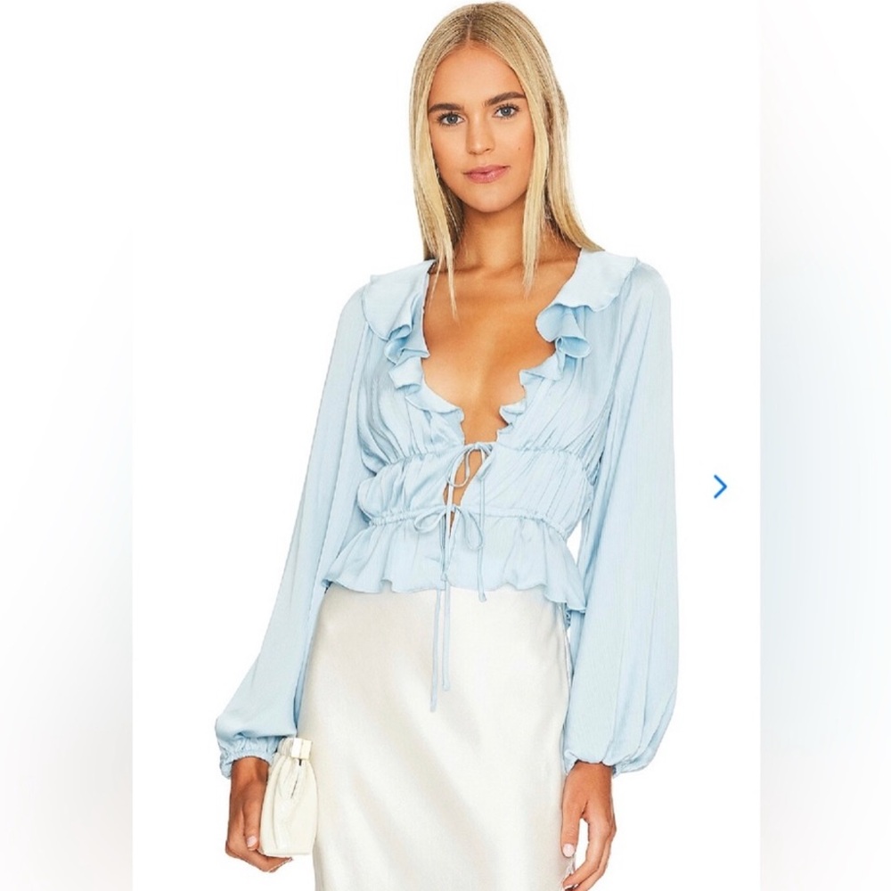 Lovers and Friends x Revolve Aries Top in Airy Blue tie front- size Large